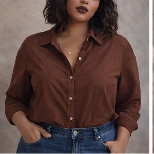 Chico’s Additions Chocolate Brown Button Up Blouse 2 L Boho Lagenlook Modest